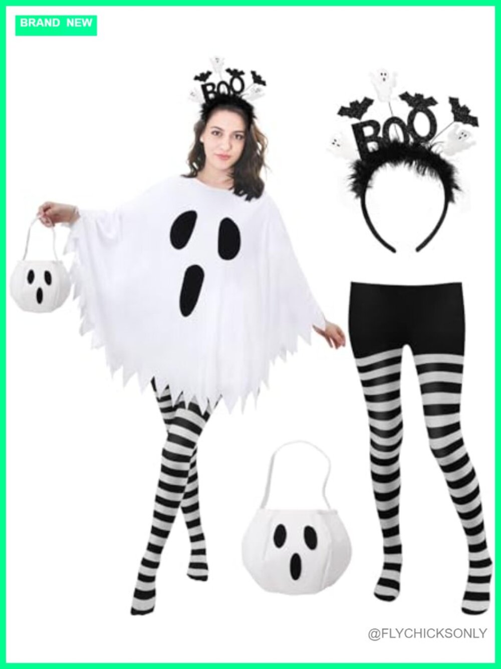 Ghost Costume Set for Women Halloween Poncho Headband Tights Candy Bag